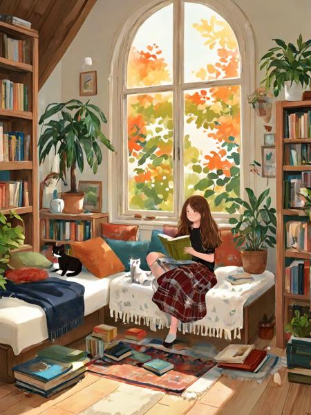 00955-3203247842-_lora_chatu0516_0.7_,illustrations,1girl,book,long hair,plant,cat,window,open book,solo,indoors,brown hair,skirt,tree,shirt,pott.png